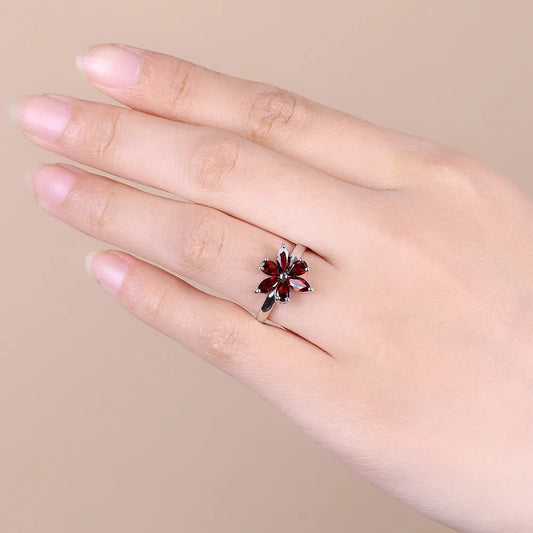 925 Silver Natural Garnet Flower Ring