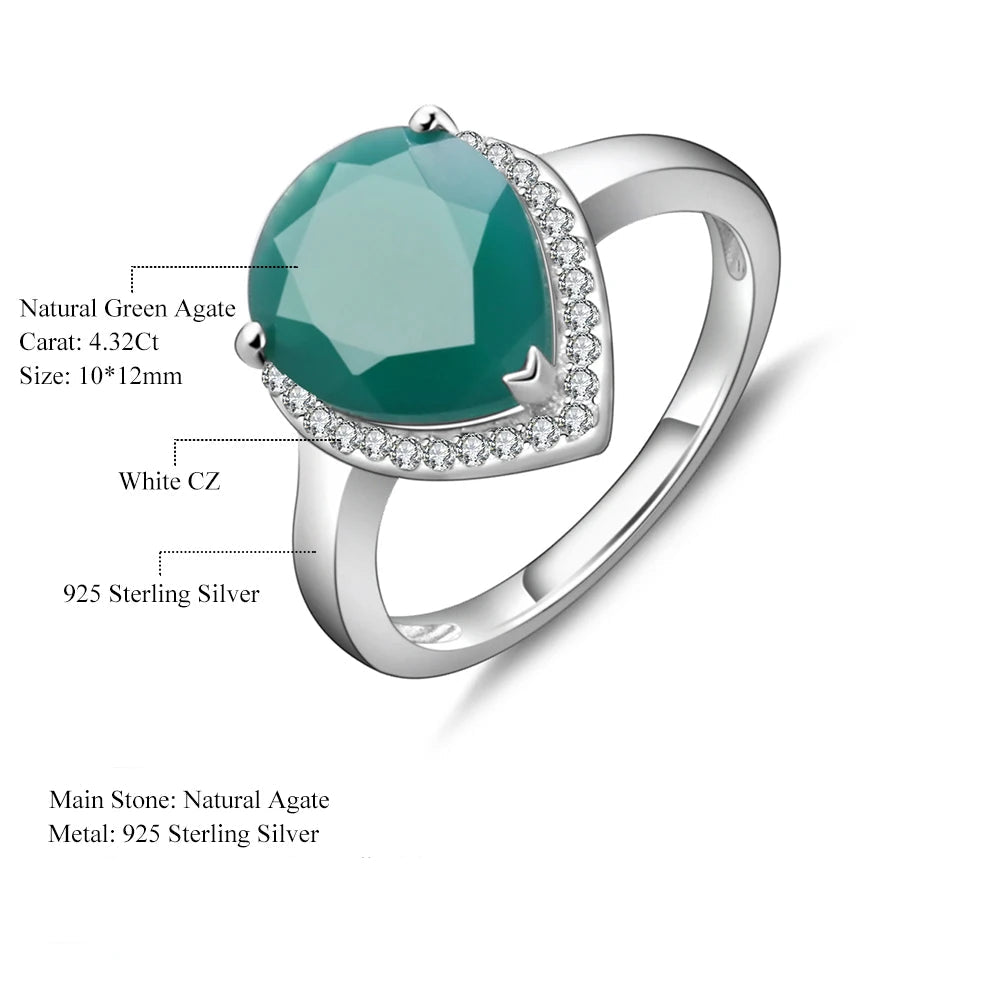 925 Sterling Silver Water Drop Green Agate Ring