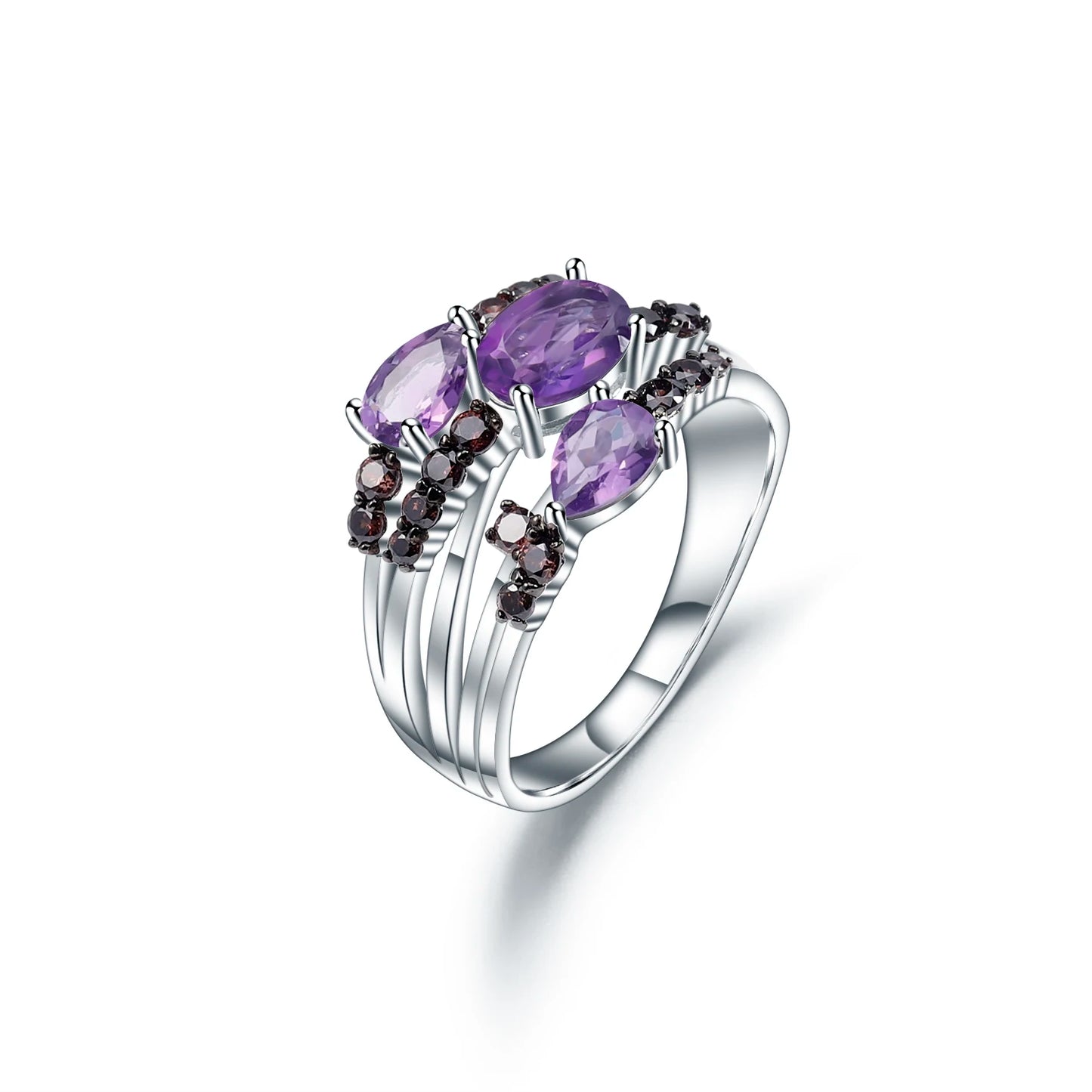 Natural Amethyst Three Stone Birthstone Ring
