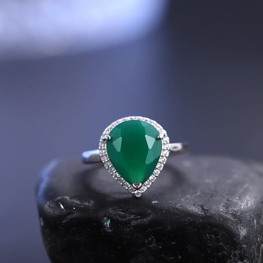 925 Sterling Silver Water Drop Green Agate Ring