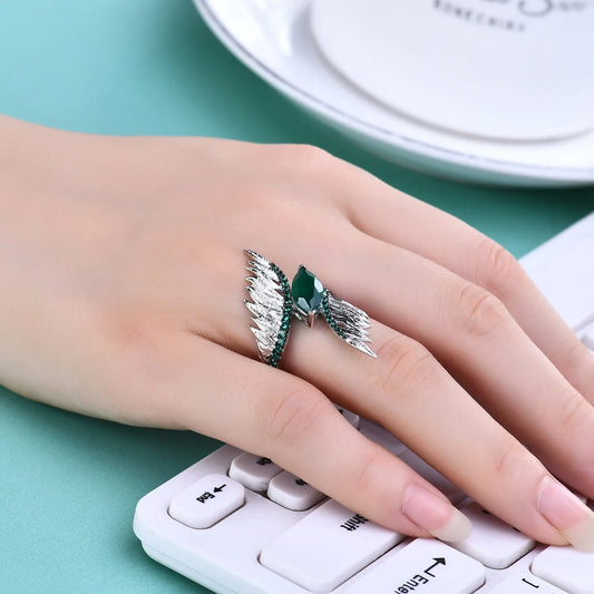 925 Sterling Silver Green Agate Feather Ring