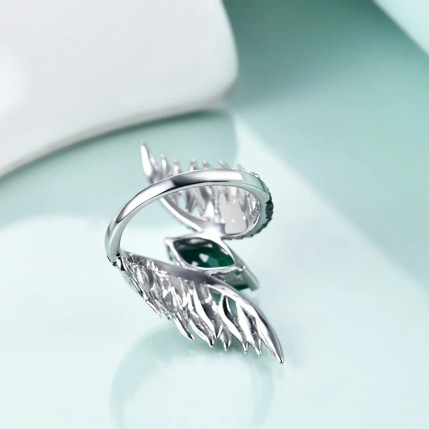 925 Sterling Silver Green Agate Feather Ring