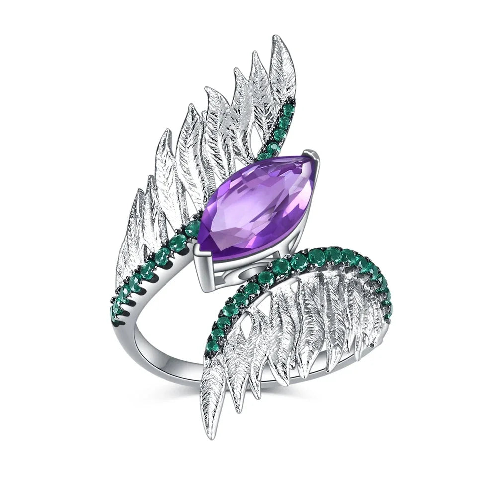925 Sterling Silver Green Agate Feather Ring