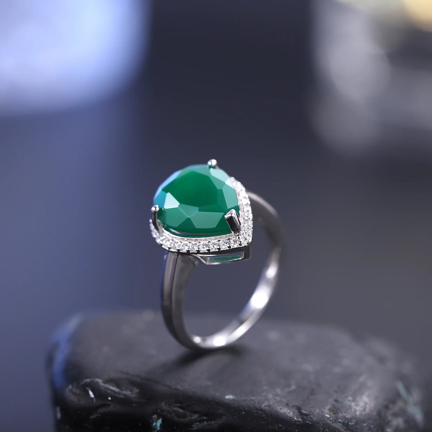 925 Sterling Silver Water Drop Green Agate Ring