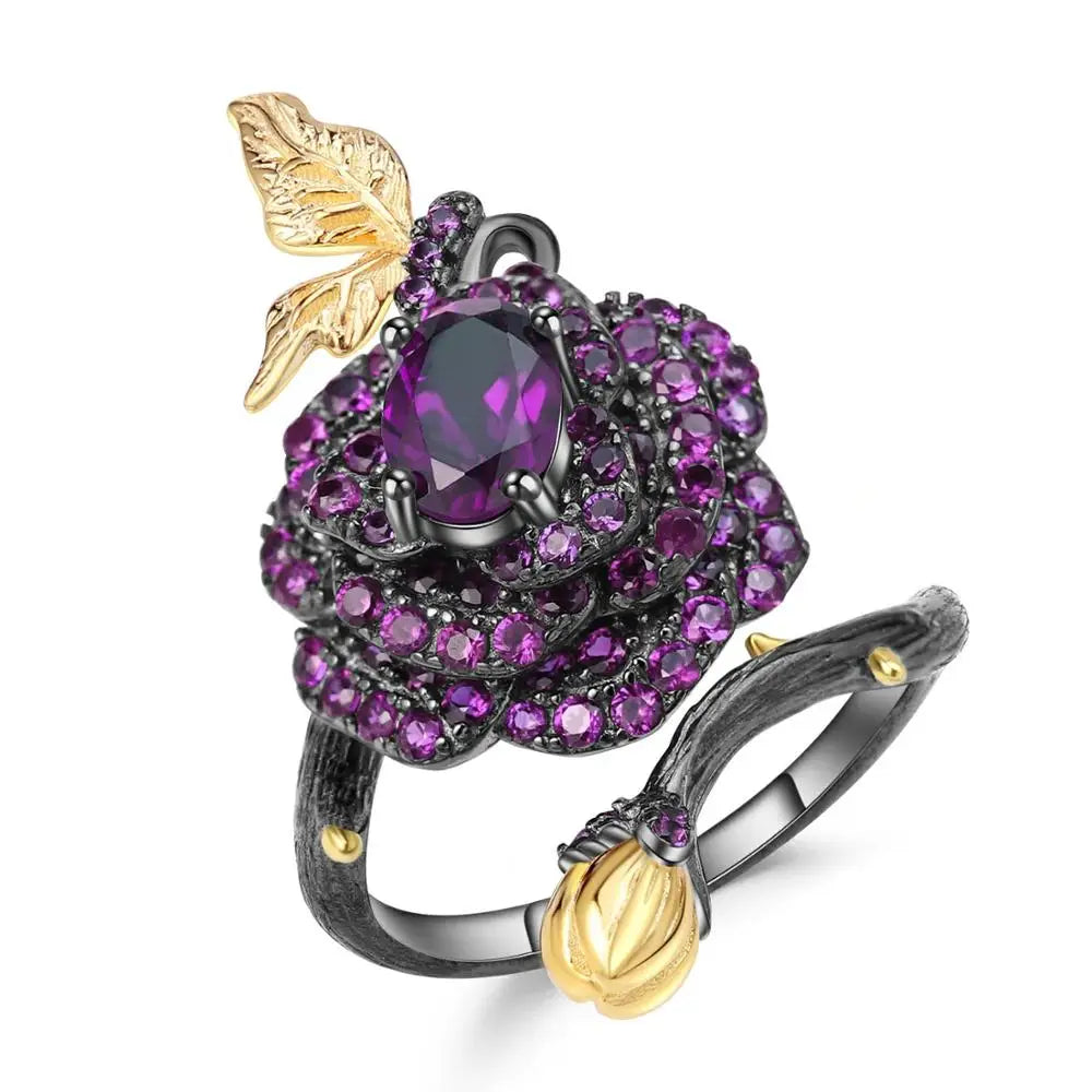 Natural Rhodolite Garnet Rose Flower Ring