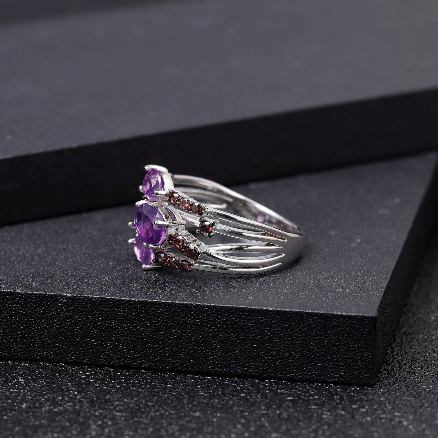 Natural Amethyst Three Stone Birthstone Ring