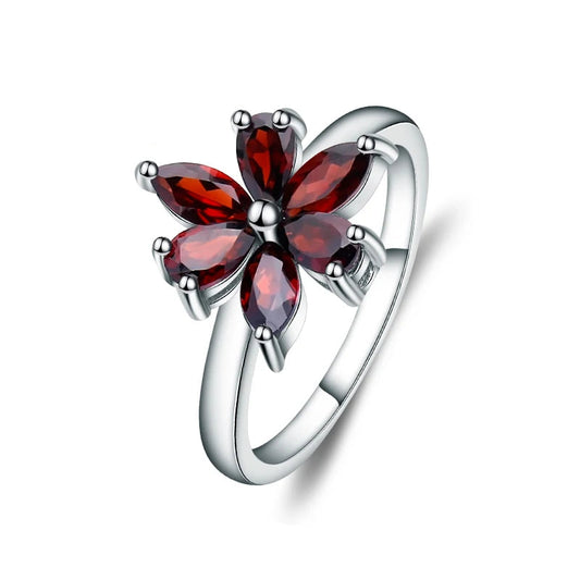 925 Silver Natural Garnet Flower Ring