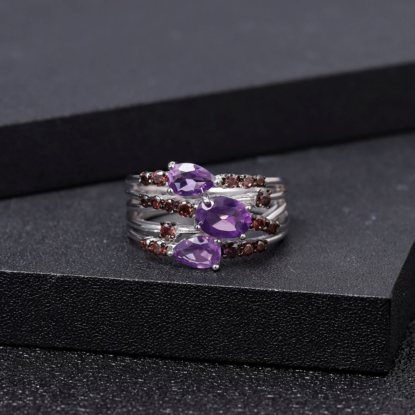 Natural Amethyst Three Stone Birthstone Ring