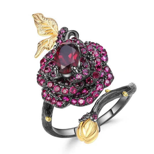 Natural Rhodolite Garnet Rose Flower Ring