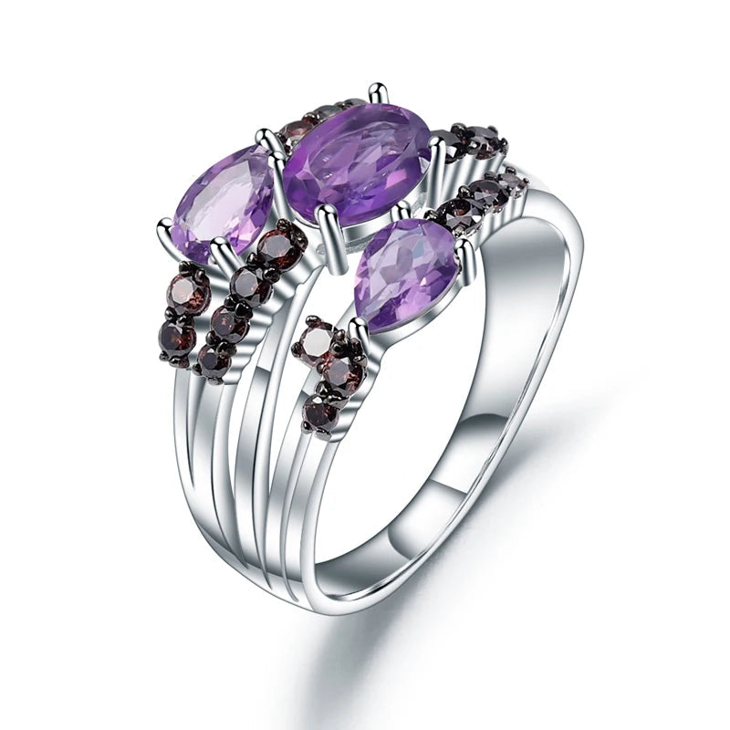 Natural Amethyst Three Stone Birthstone Ring