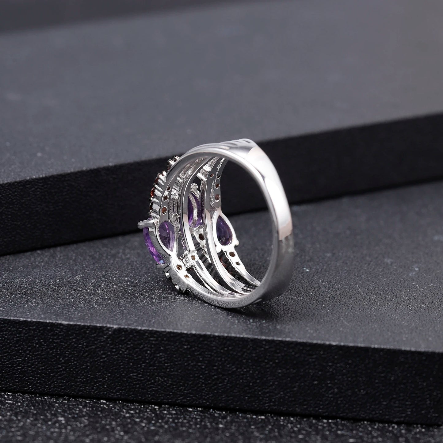 Natural Amethyst Three Stone Birthstone Ring