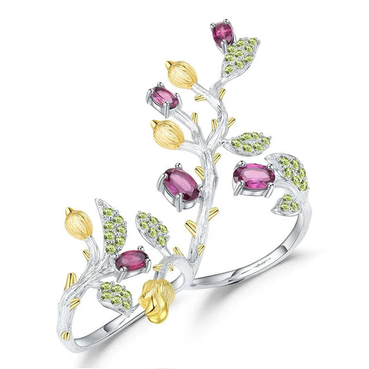 Natural Rhodolite Garnet Adjustable Tree Double Finger Ring