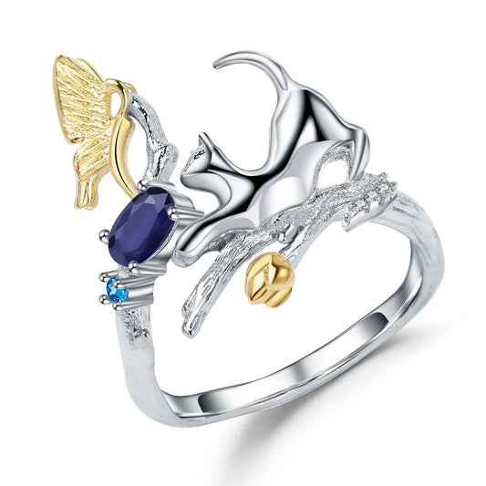 Natural Blue Sapphire Cat & Cupid Ring