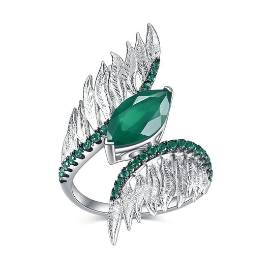 925 Sterling Silver Green Agate Feather Ring