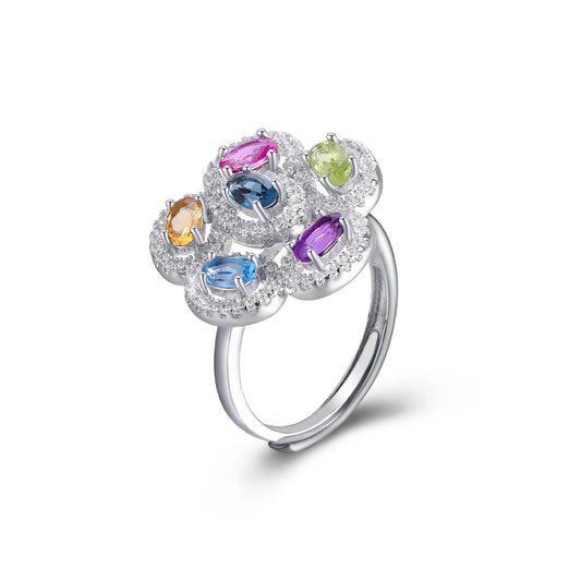 Natural Gemstone Floral Silver Ring